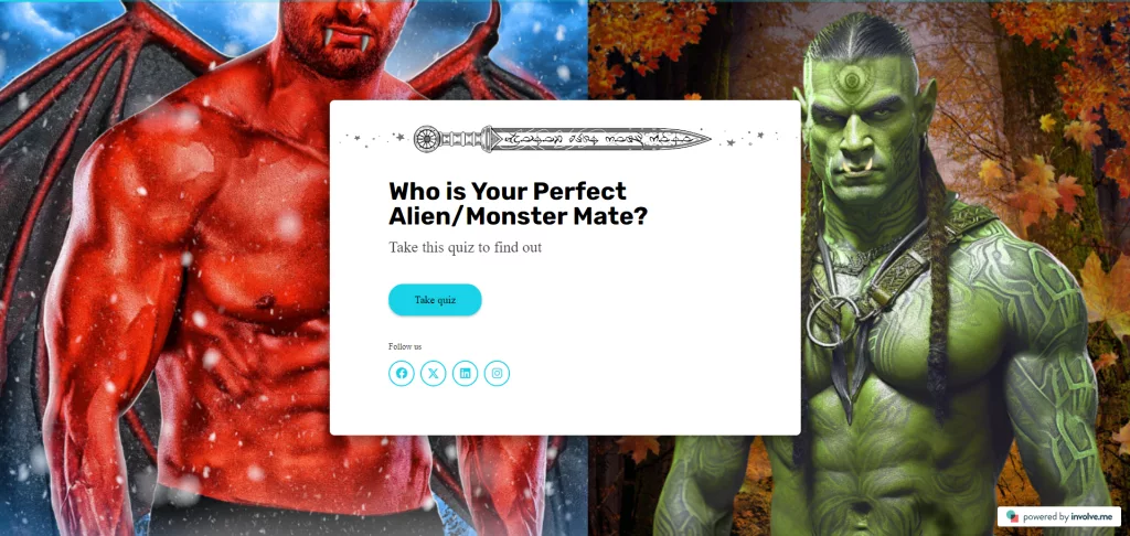 Monster-Mate Match quiz image, showing the front page of the quiz with two possible outcomes, a sexy red demon-like character and a hot orc character
